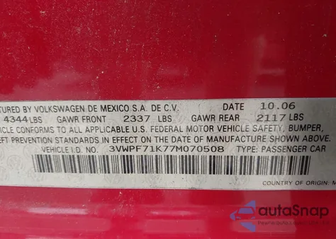 2007 Volkswagen Jetta 2.5 из США, поврежденный, VIN 3VWPF71K77M070508